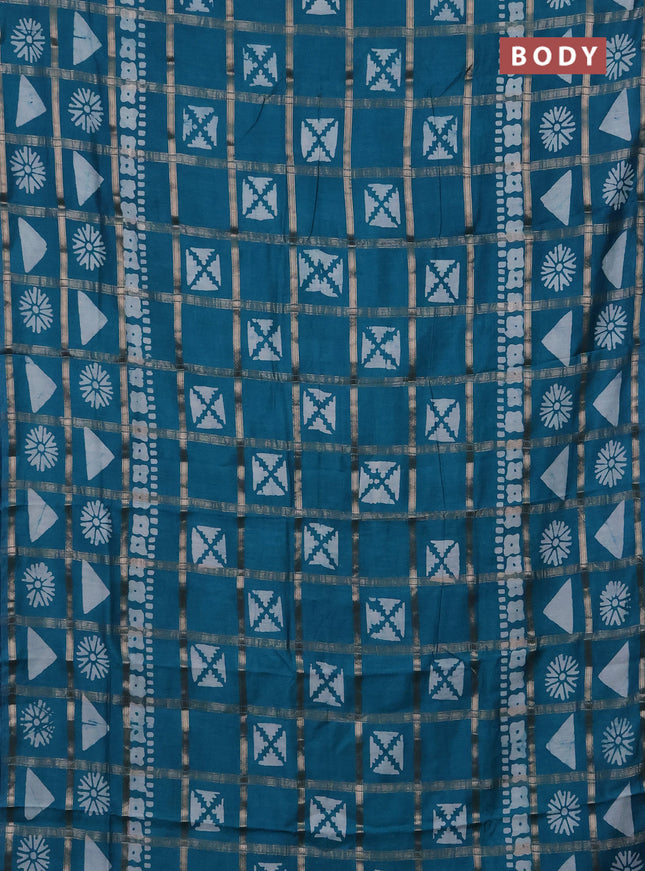 Semi chanderi saree teal green with allover zari checks & batik prints in borderless style