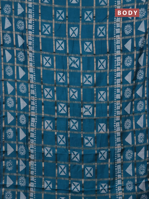 Semi chanderi saree teal green with allover zari checks & batik prints in borderless style