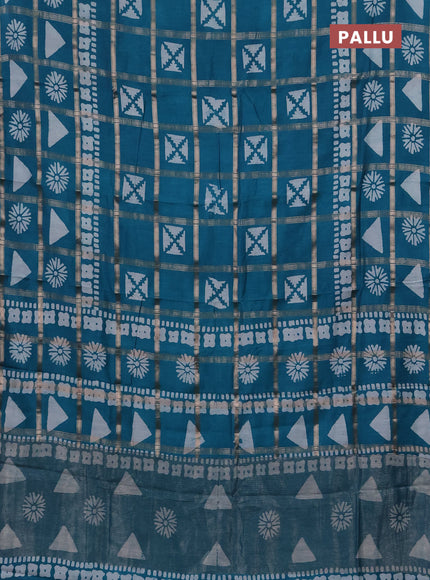 Semi chanderi saree teal green with allover zari checks & batik prints in borderless style