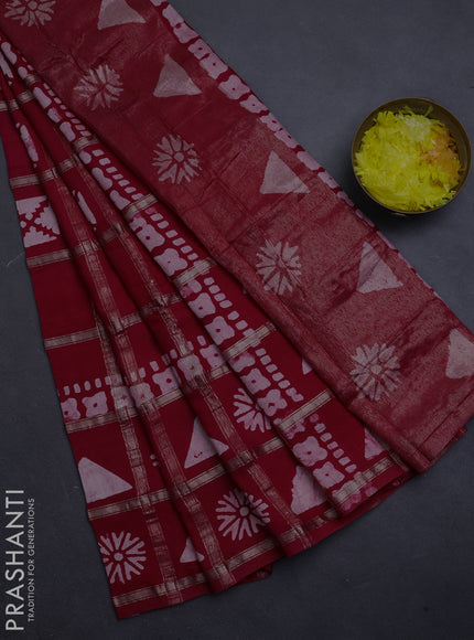 Semi chanderi saree red with allover zari checks & batik prints in borderless style