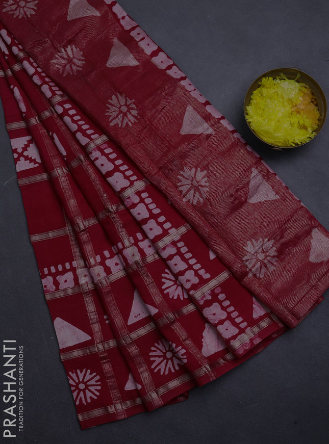 Semi chanderi saree red with allover zari checks & batik prints in borderless style