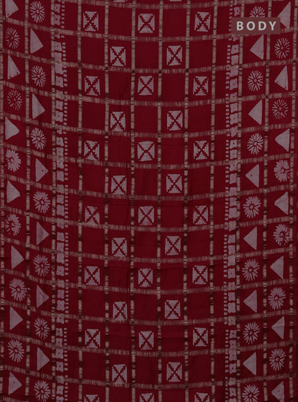 Semi chanderi saree red with allover zari checks & batik prints in borderless style