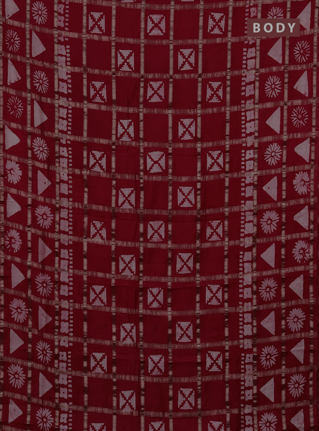 Semi chanderi saree red with allover zari checks & batik prints in borderless style