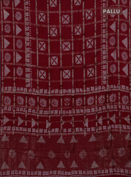 Semi chanderi saree red with allover zari checks & batik prints in borderless style