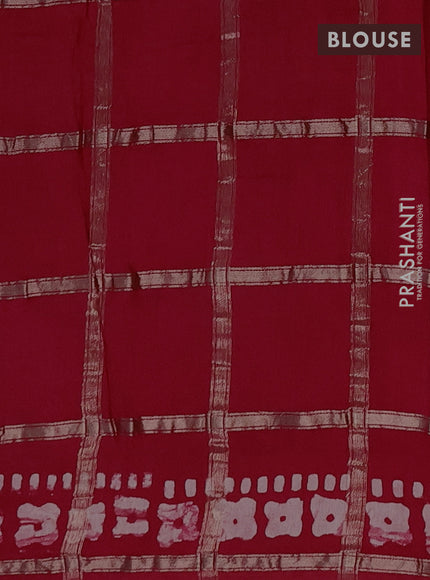 Semi chanderi saree red with allover zari checks & batik prints in borderless style
