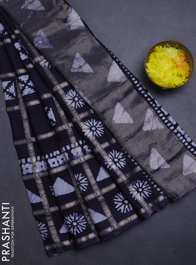 Semi chanderi saree deep jamun with allover zari checks & batik prints in borderless style