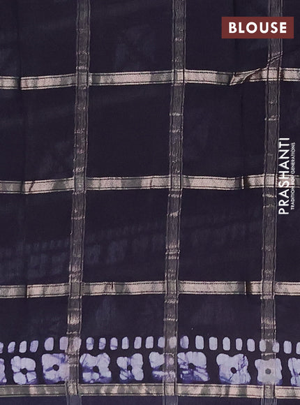 Semi chanderi saree deep jamun with allover zari checks & batik prints in borderless style