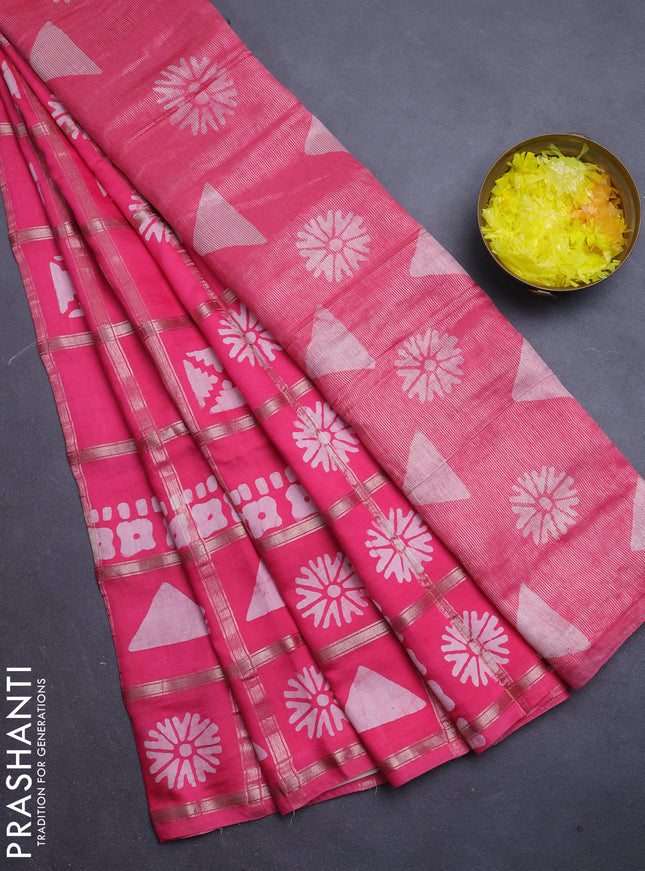 Semi chanderi saree peach pink with allover zari checks & batik prints in borderless style