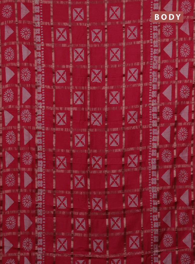 Semi chanderi saree peach pink with allover zari checks & batik prints in borderless style