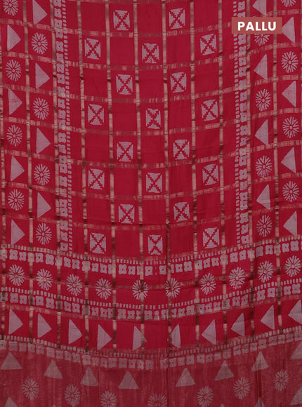 Semi chanderi saree peach pink with allover zari checks & batik prints in borderless style