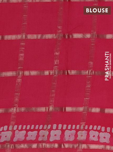 Semi chanderi saree peach pink with allover zari checks & batik prints in borderless style