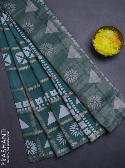 Semi chanderi saree green with allover zari checks & batik prints in borderless style