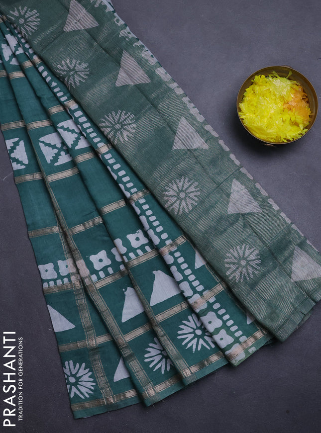 Semi chanderi saree green with allover zari checks & batik prints in borderless style