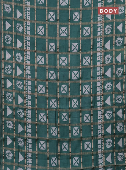 Semi chanderi saree green with allover zari checks & batik prints in borderless style
