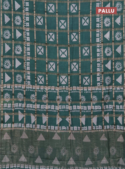 Semi chanderi saree green with allover zari checks & batik prints in borderless style