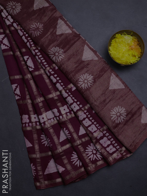 Semi chanderi saree wine shade with allover zari checks & batik prints in borderless style