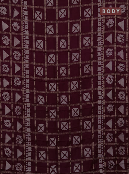 Semi chanderi saree wine shade with allover zari checks & batik prints in borderless style