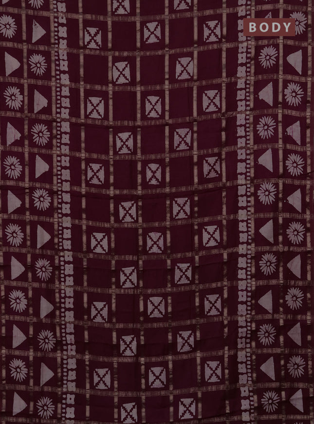 Semi chanderi saree wine shade with allover zari checks & batik prints in borderless style