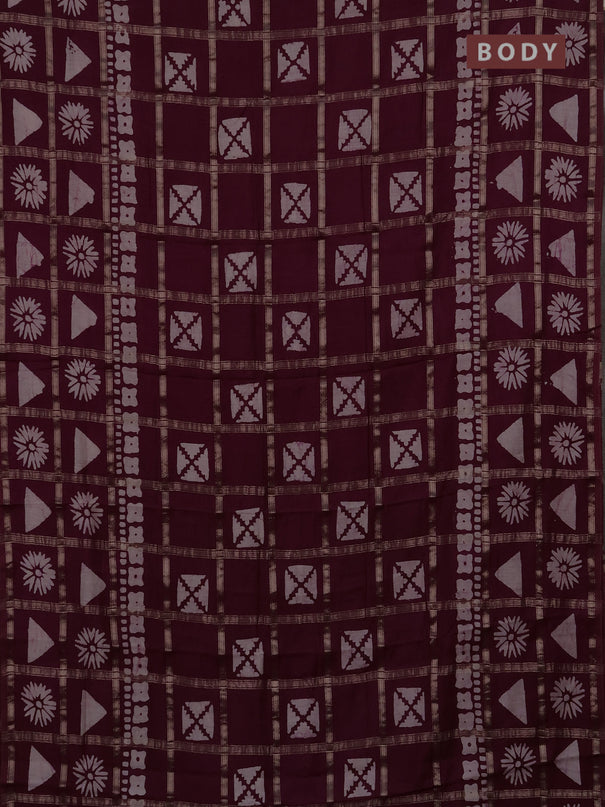 Semi chanderi saree wine shade with allover zari checks & batik prints in borderless style