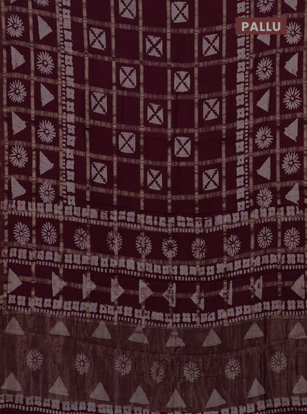 Semi chanderi saree wine shade with allover zari checks & batik prints in borderless style