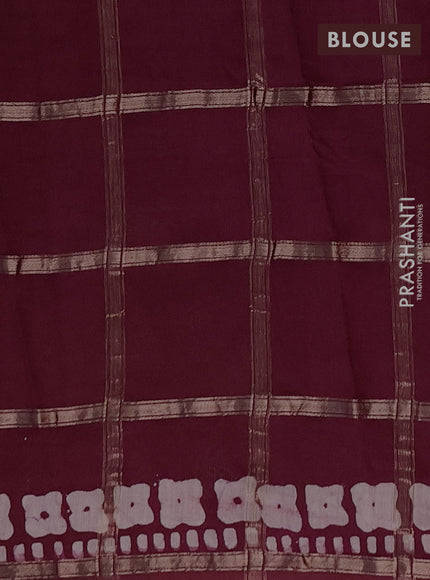 Semi chanderi saree wine shade with allover zari checks & batik prints in borderless style