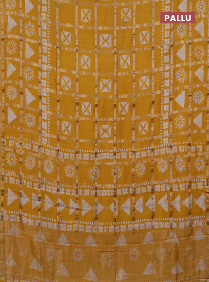 Semi chanderi saree mustard yellow with allover zari checks & batik prints in borderless style