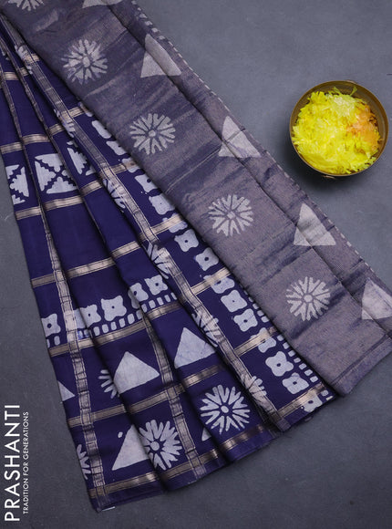 Semi chanderi saree navy blue with allover zari checks & batik prints in borderless style