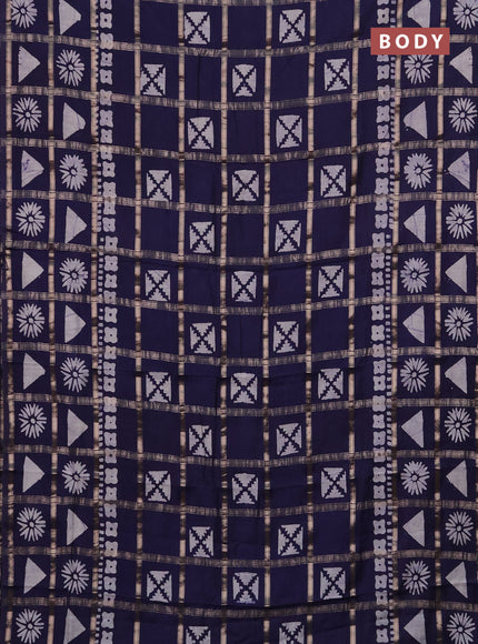 Semi chanderi saree navy blue with allover zari checks & batik prints in borderless style