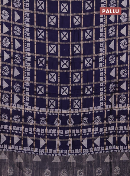 Semi chanderi saree navy blue with allover zari checks & batik prints in borderless style