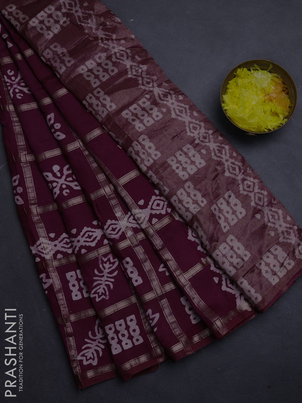Semi chanderi saree wine shade with allover zari checks & batik prints in borderless style