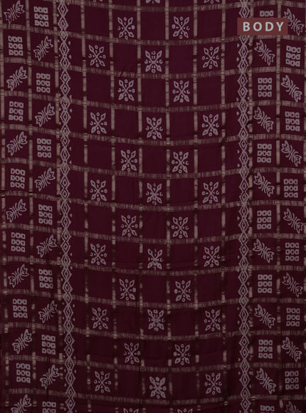 Semi chanderi saree wine shade with allover zari checks & batik prints in borderless style