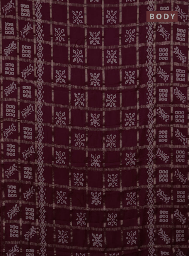 Semi chanderi saree wine shade with allover zari checks & batik prints in borderless style