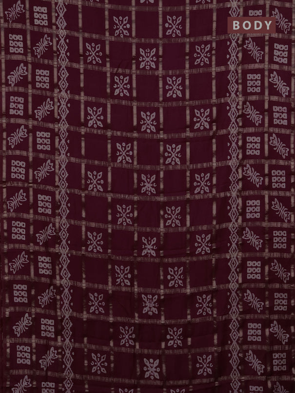 Semi chanderi saree wine shade with allover zari checks & batik prints in borderless style