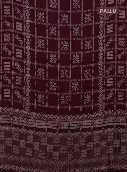 Semi chanderi saree wine shade with allover zari checks & batik prints in borderless style