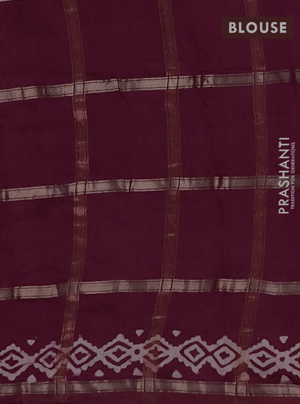 Semi chanderi saree wine shade with allover zari checks & batik prints in borderless style