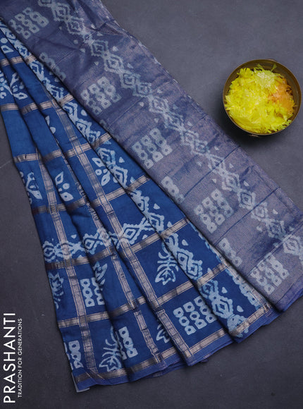 Semi chanderi saree peacock blue with allover zari checks & batik prints in borderless style