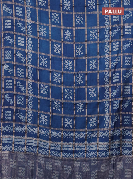 Semi chanderi saree peacock blue with allover zari checks & batik prints in borderless style