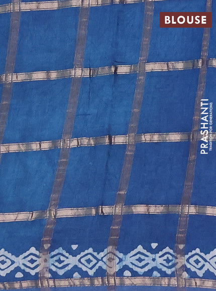 Semi chanderi saree peacock blue with allover zari checks & batik prints in borderless style