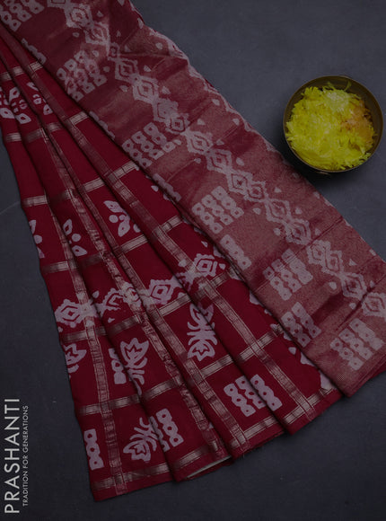 Semi chanderi saree red with allover zari checks & batik prints in borderless style