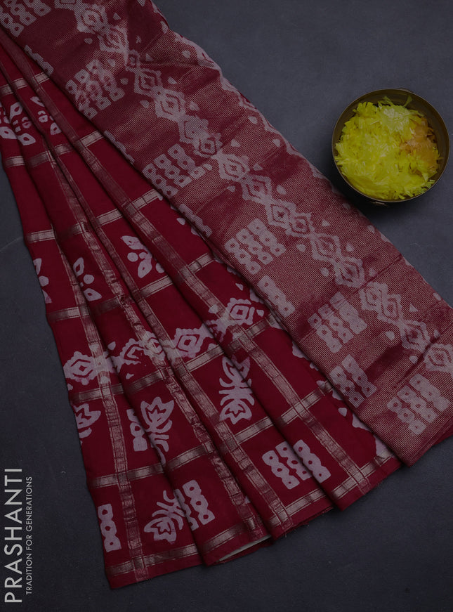 Semi chanderi saree red with allover zari checks & batik prints in borderless style