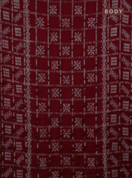 Semi chanderi saree red with allover zari checks & batik prints in borderless style