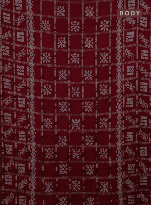 Semi chanderi saree red with allover zari checks & batik prints in borderless style