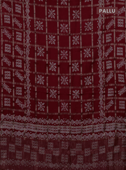 Semi chanderi saree red with allover zari checks & batik prints in borderless style
