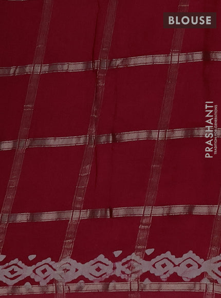 Semi chanderi saree red with allover zari checks & batik prints in borderless style