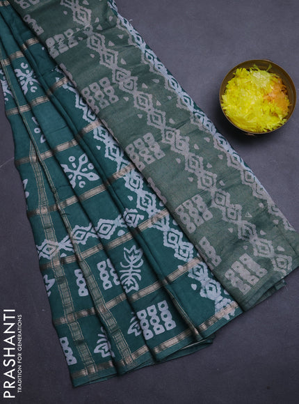Semi chanderi saree teal green with allover zari checks & batik prints in borderless style