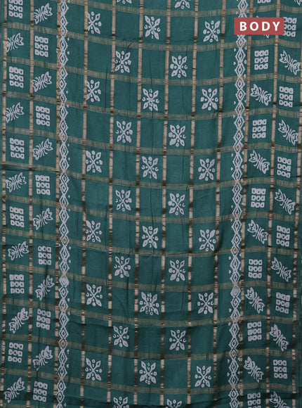 Semi chanderi saree teal green with allover zari checks & batik prints in borderless style