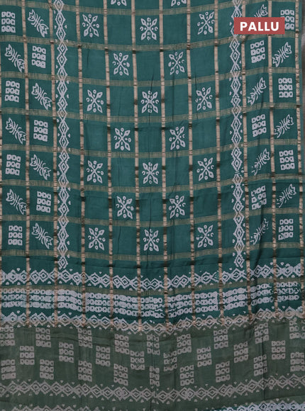 Semi chanderi saree teal green with allover zari checks & batik prints in borderless style