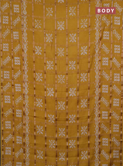 Semi chanderi saree mustard yellow with allover zari checks & batik prints in borderless style