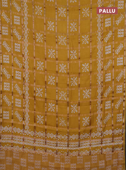 Semi chanderi saree mustard yellow with allover zari checks & batik prints in borderless style