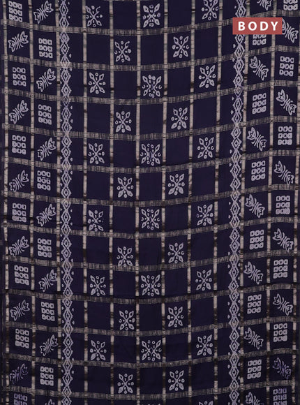 Semi chanderi saree navy blue with allover zari checks & batik prints in borderless style